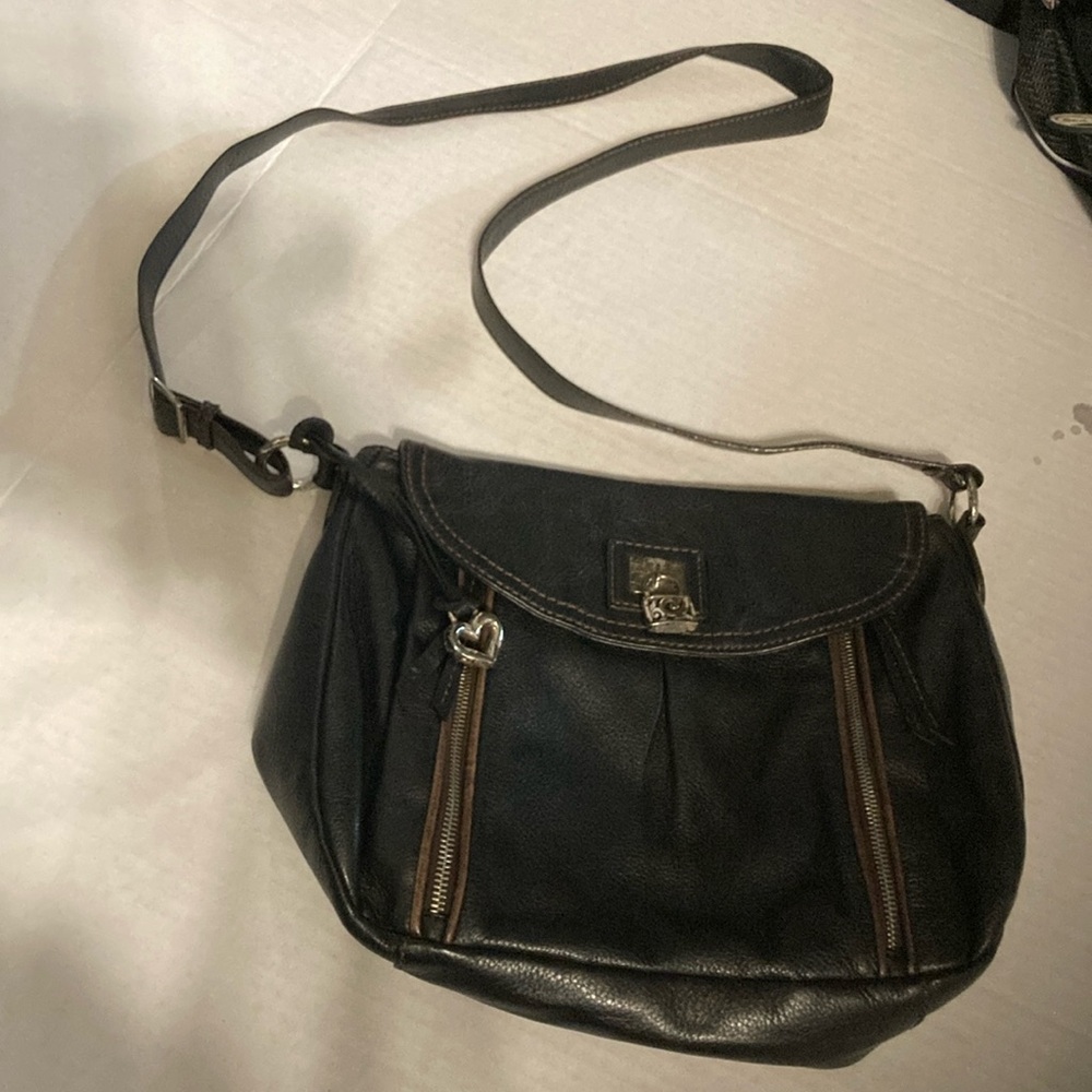 Brighton black leather hand bag , authentic used condition lots of use left .
